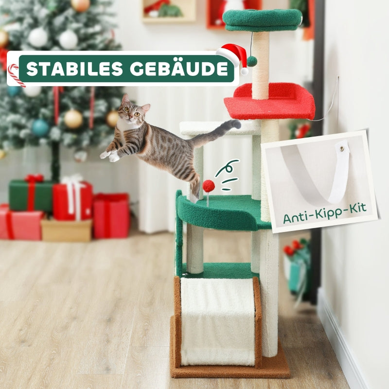 Christmas Cat Tree, 135cm with Bed, House, Scratching Posts, Toy Balls, Multi-color