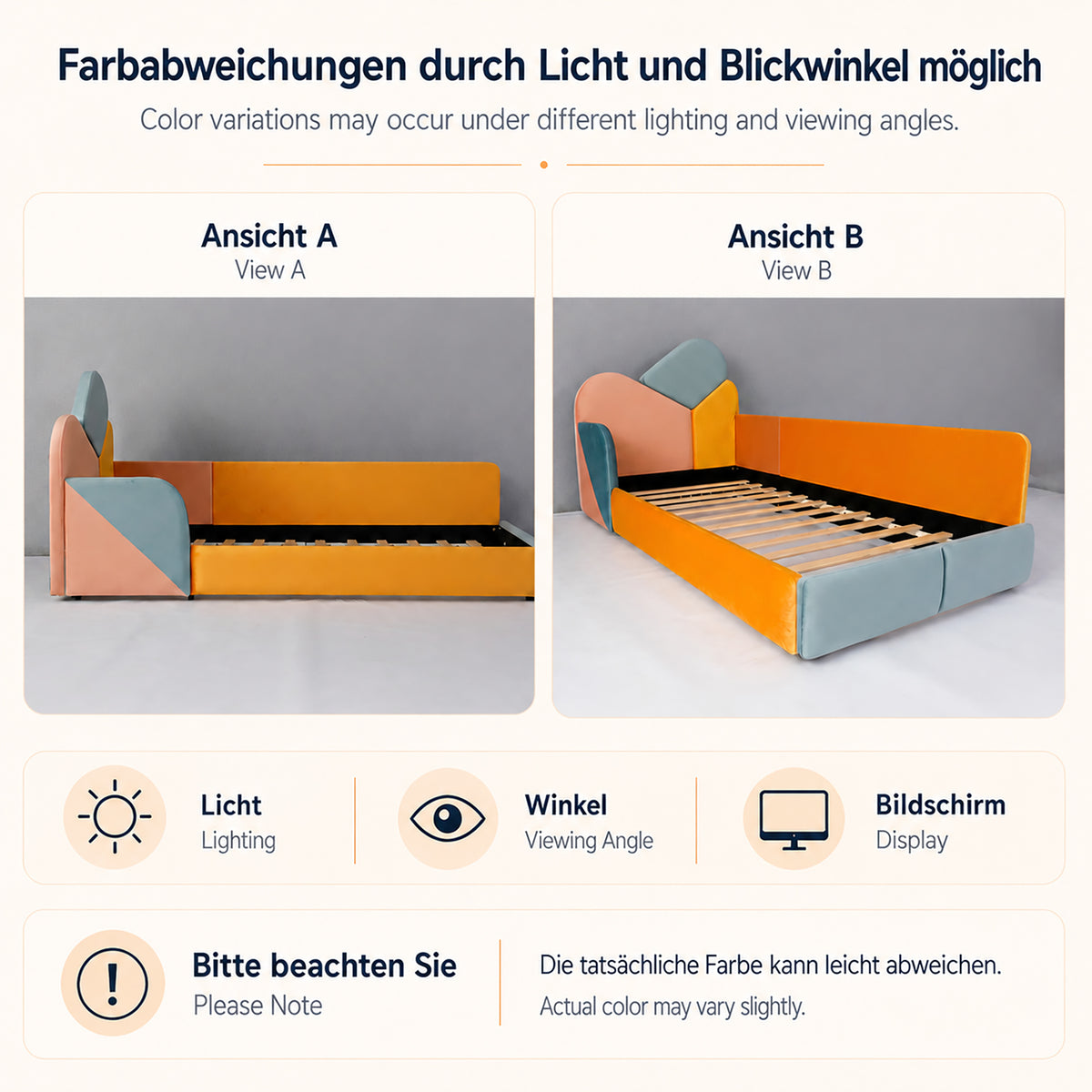 Children's Upholstered Bed 90x200cm with Fall Protection, Multicolour