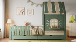 Children's House Bed with Roof, Window, Fence, 2 Drawers, 90x200cm - Pine/MDF Green/Natural