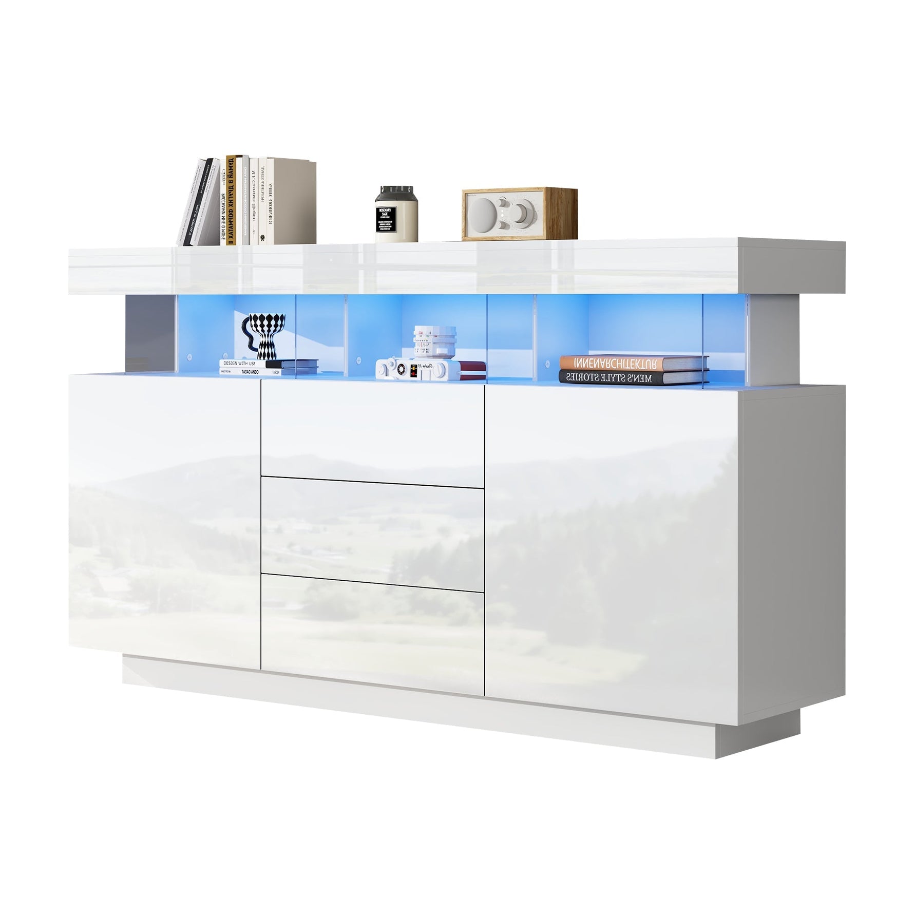 Modern Sideboard High-Gloss Coffee Bar LED Light Strip 140x35x80cm White Acrylic