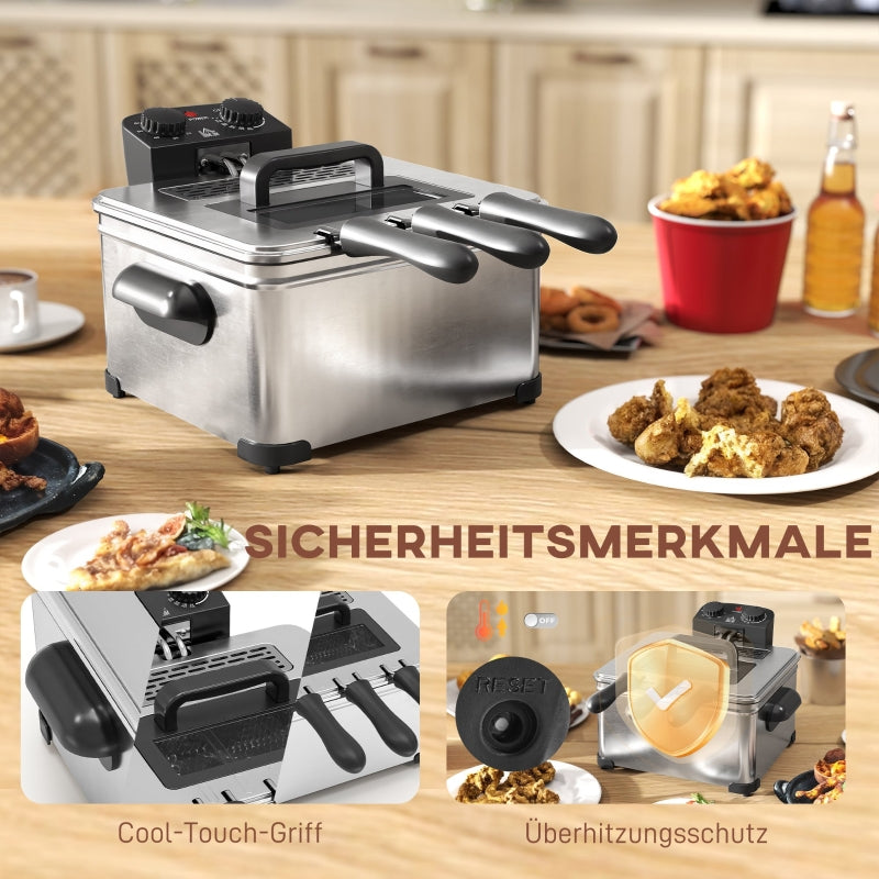 Deep Fryer, 5L, Adjustable Temp & Timer, Stainless Steel Silver