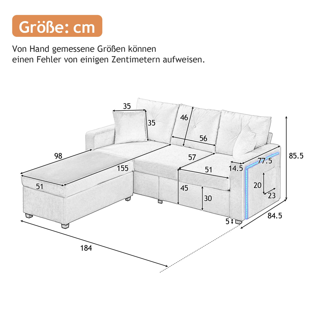 Sofa, Modern LED Combination with Cloud-Like Seating, 3-Seater + Ottoman, Modular L-Shaped