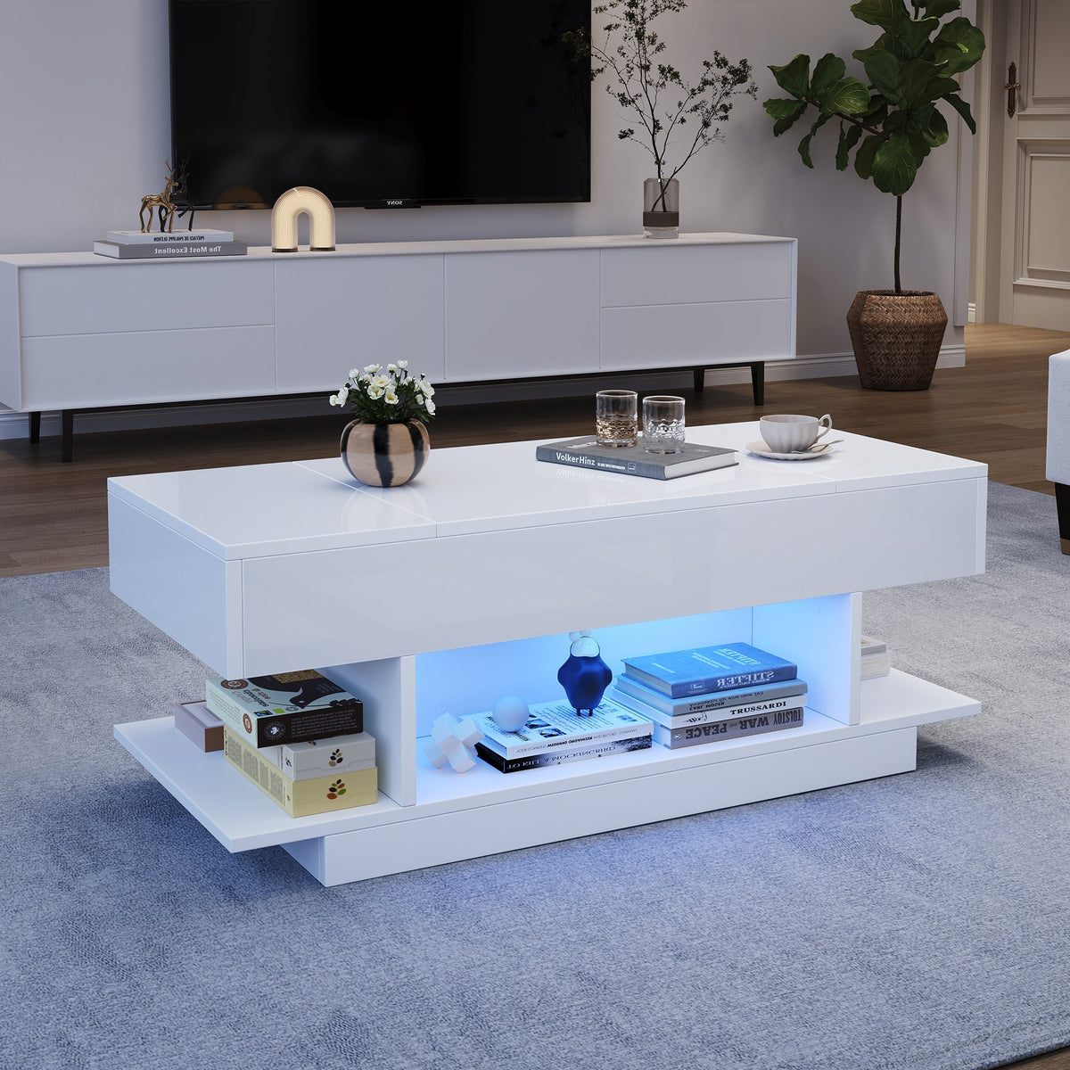 Lift Coffee Table, Height-Adjustable Storage LED, High-Gloss White
