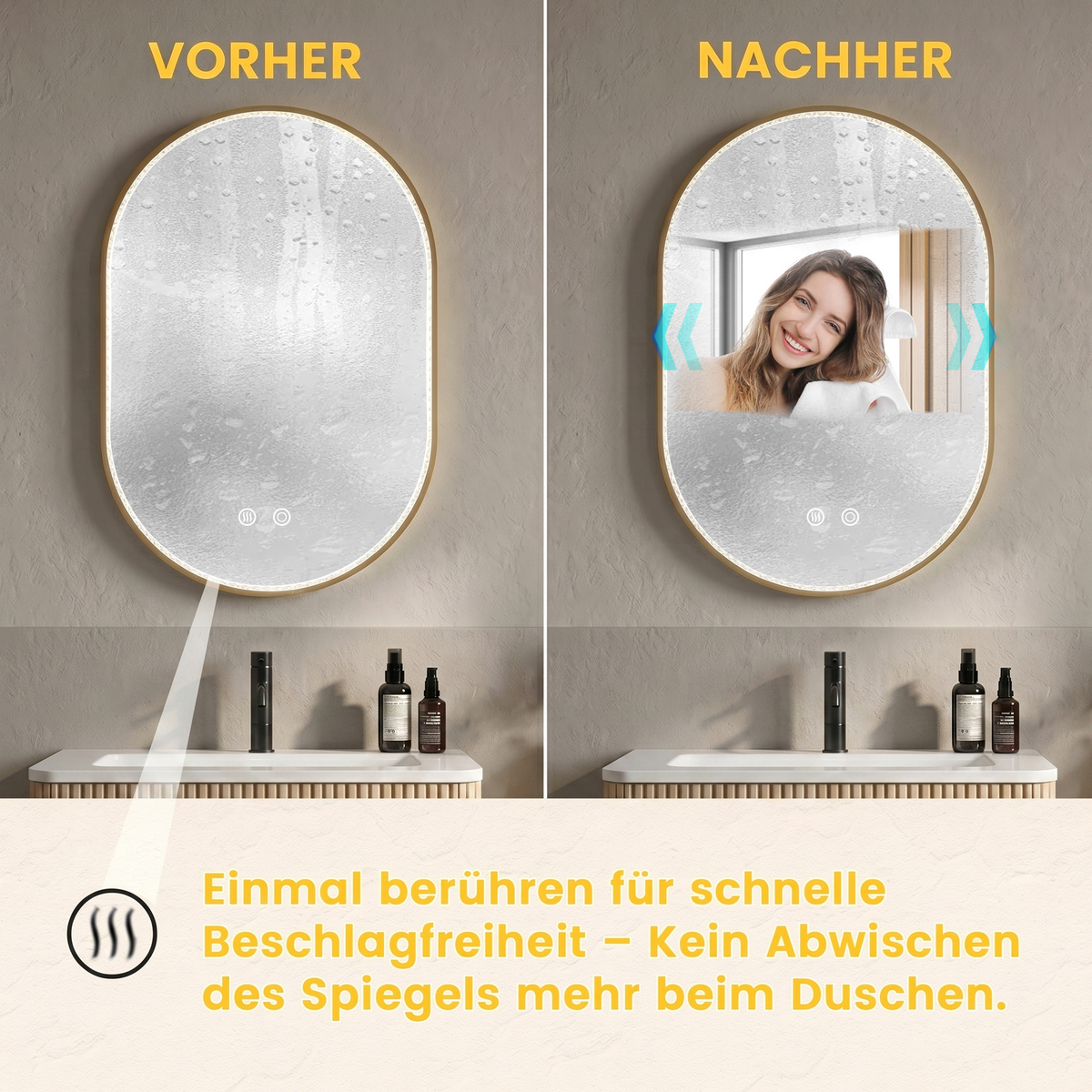 Oval Bathroom Mirror 50x80cm LED Anti-Fog Brushed Gold Frame
