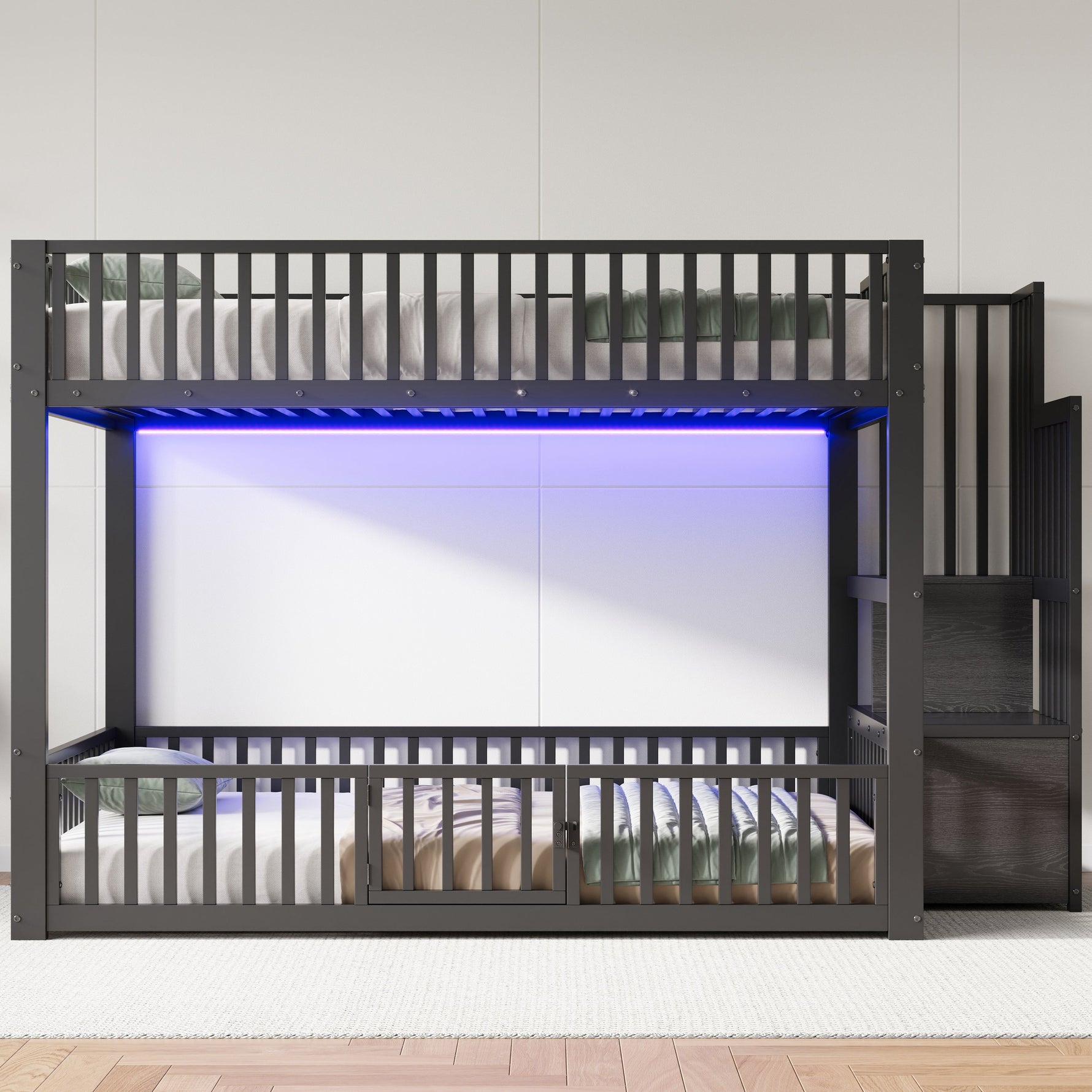 Bunk Bed with Storage Ladder and LED, 140x200cm, Black Metal + MDF