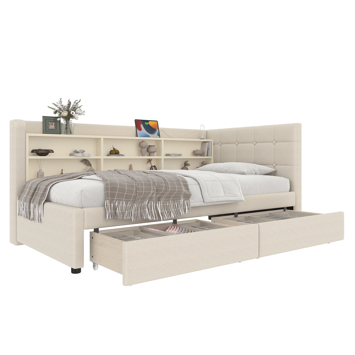 Daybed Sofa Bed 90x200cm 2 Drawers USB-Type C Storage - Linen Beige