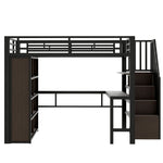 Loft Bed 140x200cm Iron Frame with Desk LED Light Strip Storage Stairs Black