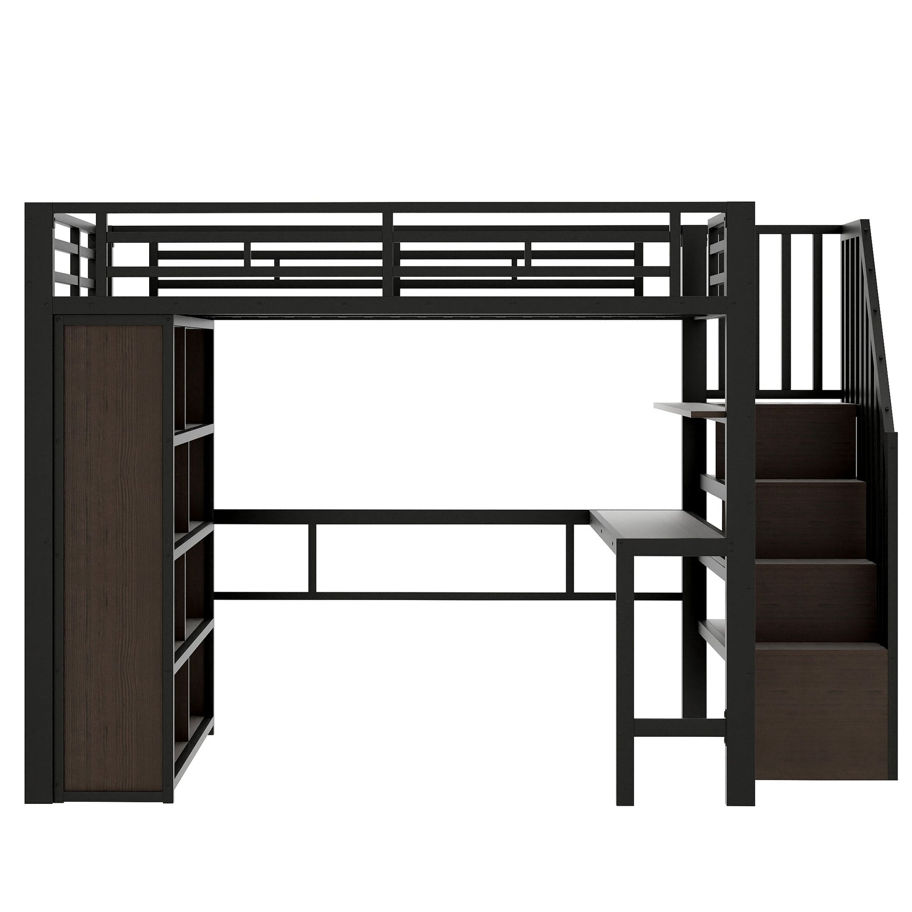 Loft Bed 140x200cm Iron Frame with Desk LED Light Strip Storage Stairs Black