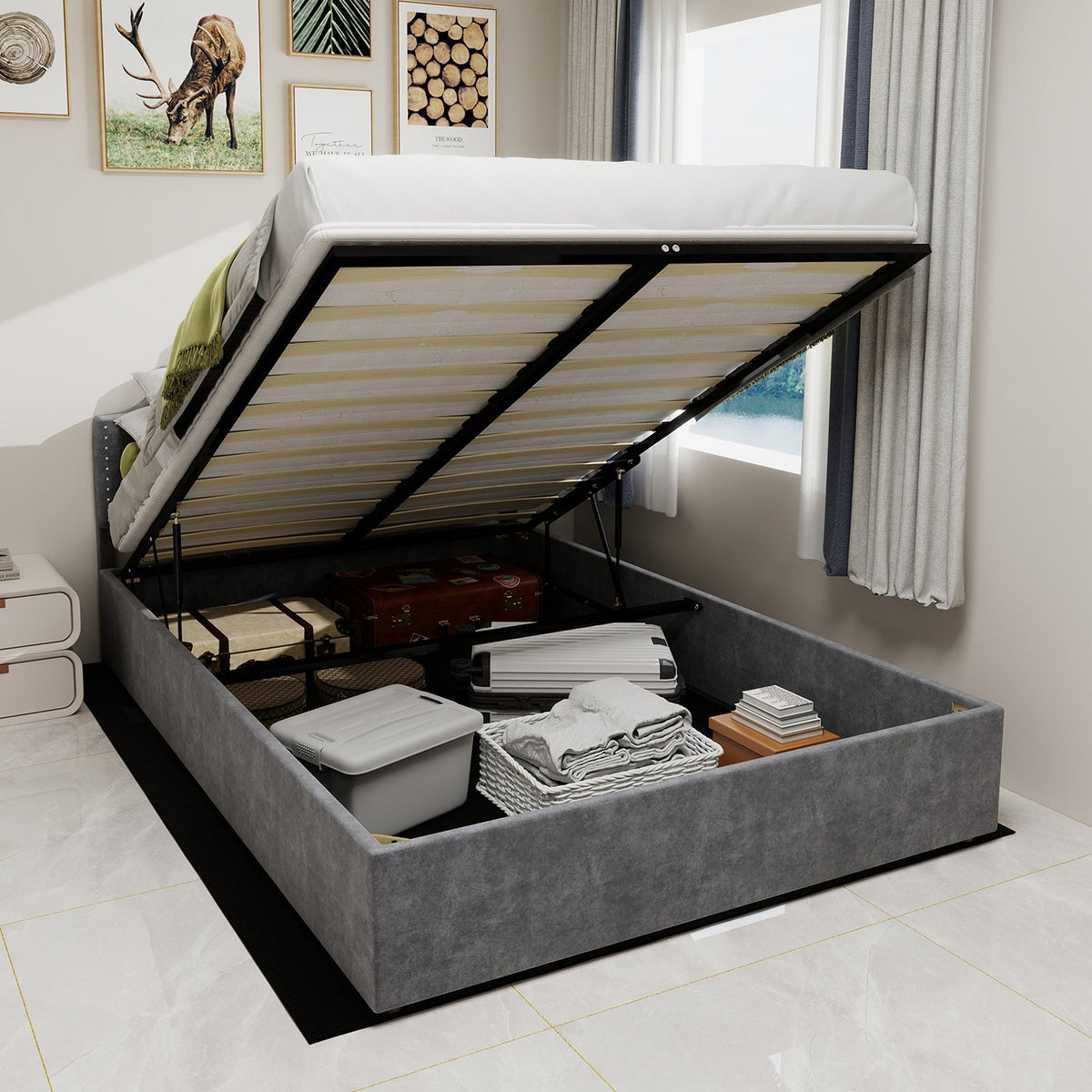 Modern Minimalist Soft Bed, 140*200CM, High Box Bed, Gray