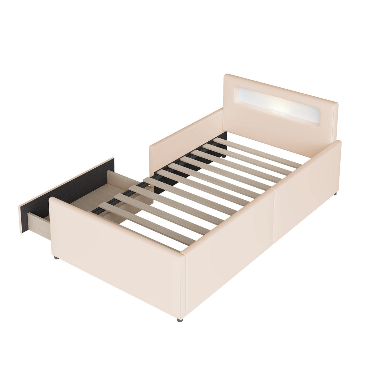 N623P195760A Upholstered Bed with LED Lighting and USB Charging, 140x200cm, Beige Velvet