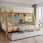 Bunk Bed, 3 Drawers, Book Stand, Fenced, Stepladder, Pine + MDF + Plywood, White + Natural