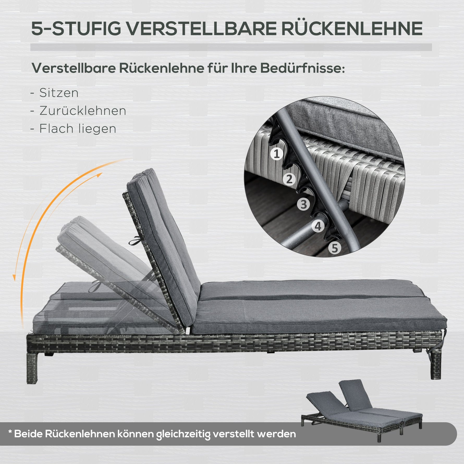 Polyrattan Sun Lounger 2-Person Relax Lounger 5-Position Backrest, Metal & PE Rattan
