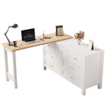 Desk, 7-Drawer 2-in-1 Rotating Workbench Sideboard, White/Natural Oak Look