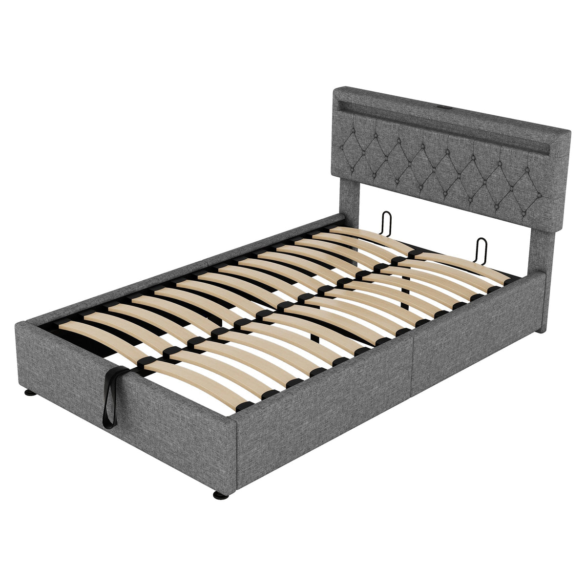Upholstered Bed 140x200cm Hydraulic Storage Adjustable Height LED USB/Type-C - Grey