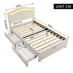 Upholstered Bed 90x200 with LED & 2 Drawers, Beige Linen