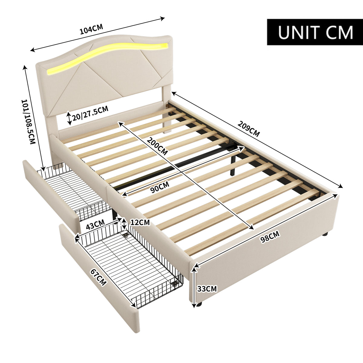 Upholstered Bed 90x200 with LED & 2 Drawers, Beige Linen