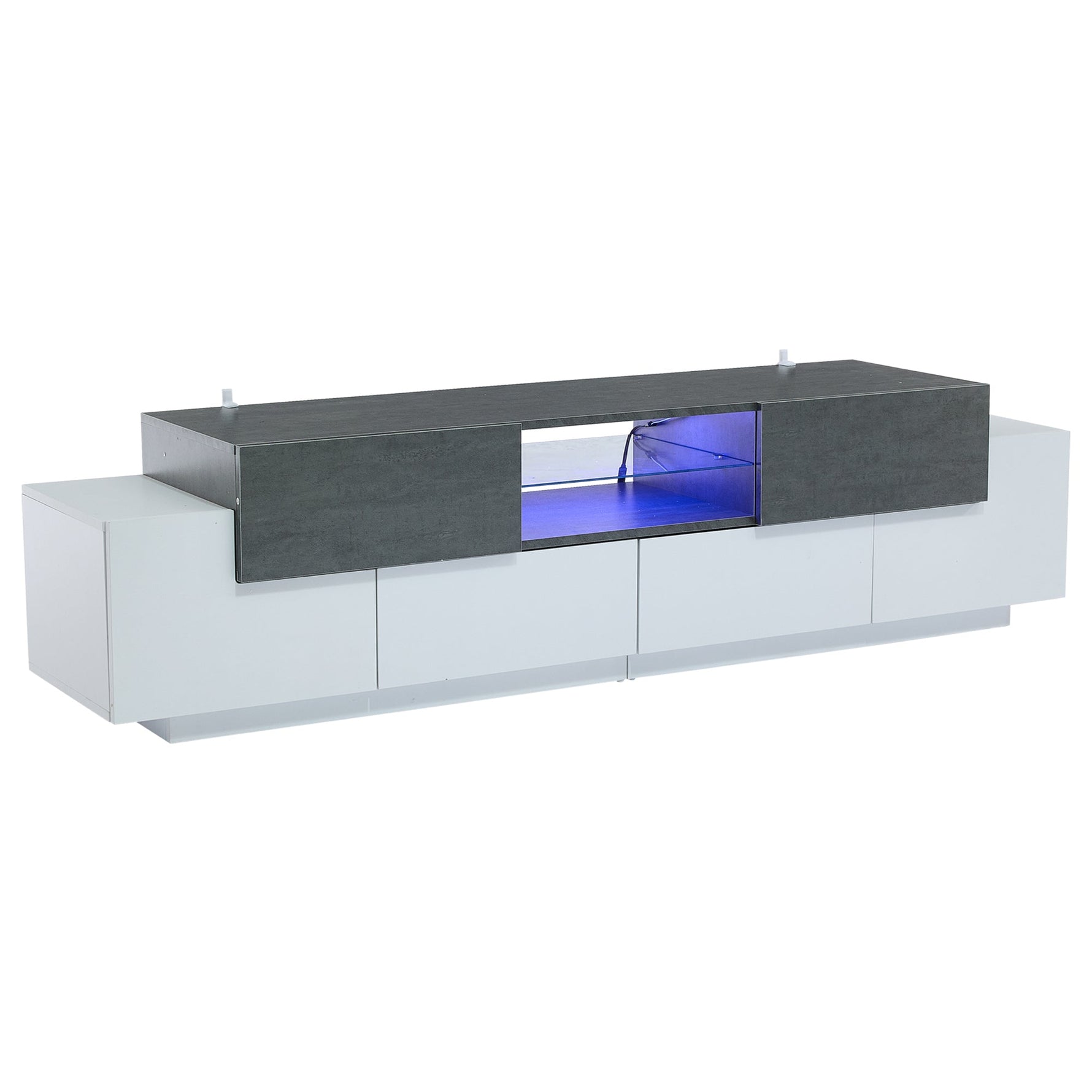 LED TV Cabinet, Entertainment Center with Glass Shelves, White+Gray