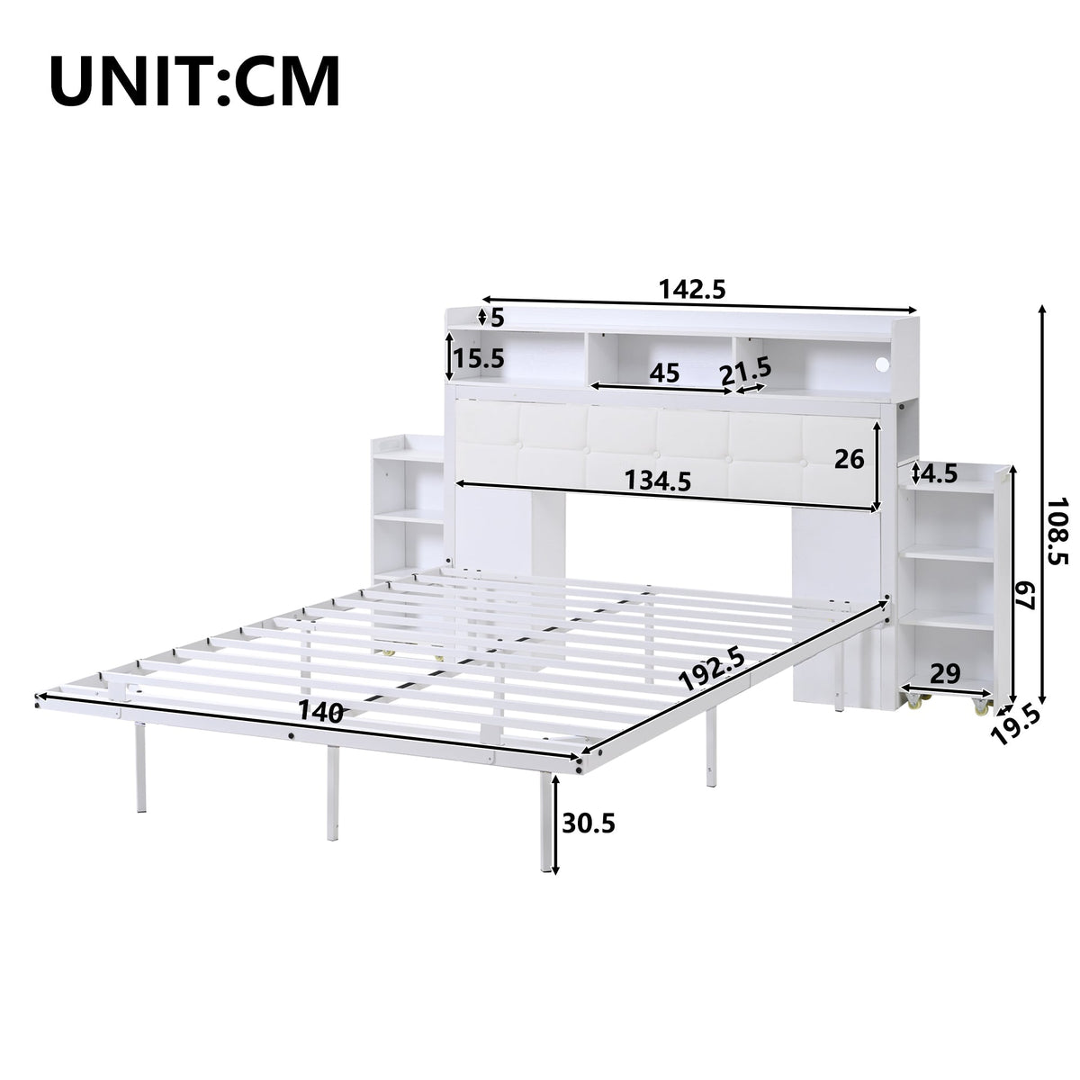 Double Bed 140x190cm 2 Pull-out Nightstands Storage USB/Type-C LED - White