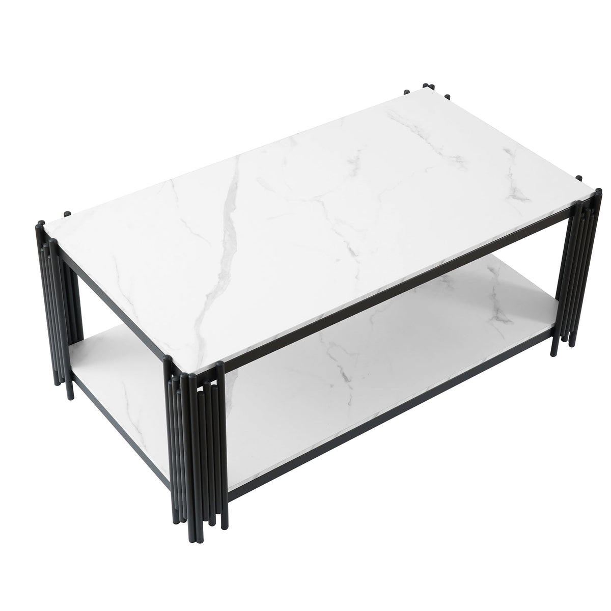 Rectangular Coffee Table Modern Marble-Effect Top Metal Legs White and Black