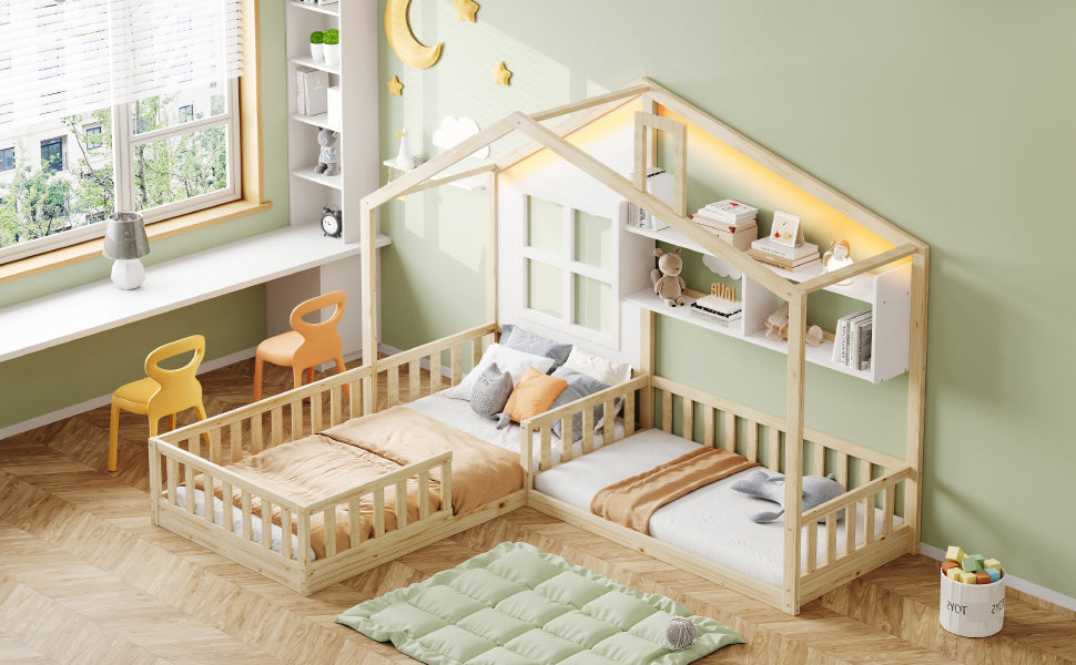 Children's Bed with Window, Shelves and LED Light Strip, Wood Color