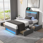 Upholstered Bed 90x190 cm with LED, USB & 4 Drawers, Grey PU