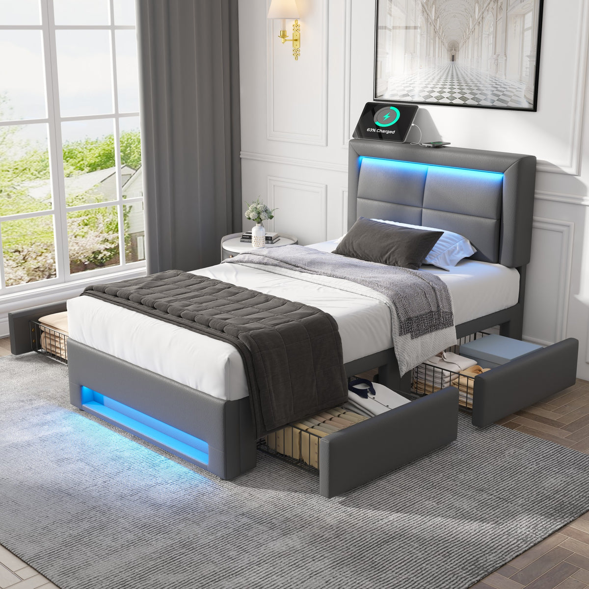 Upholstered Bed 90x190 cm with LED, USB & 4 Drawers, Grey PU