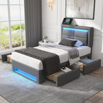 Upholstered Bed 90x200cm USB/Wireless Charging LED Lights 4 Drawers PU Lychee Pattern Grey