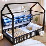 House-shaped Platform Bed 90x200 with Fence LED Lighting Black