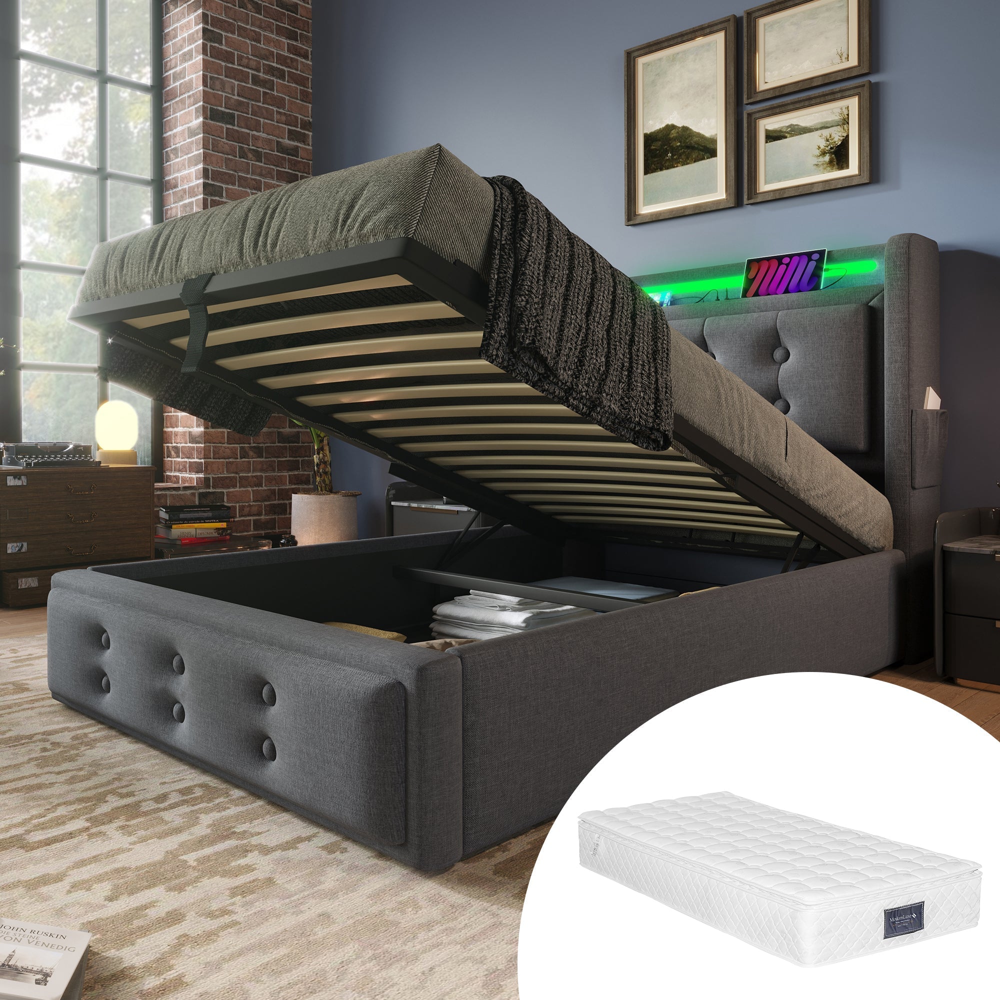 Upholstered Bed 90x200 Single Hydraulic LED/USB-C Grey Cotton