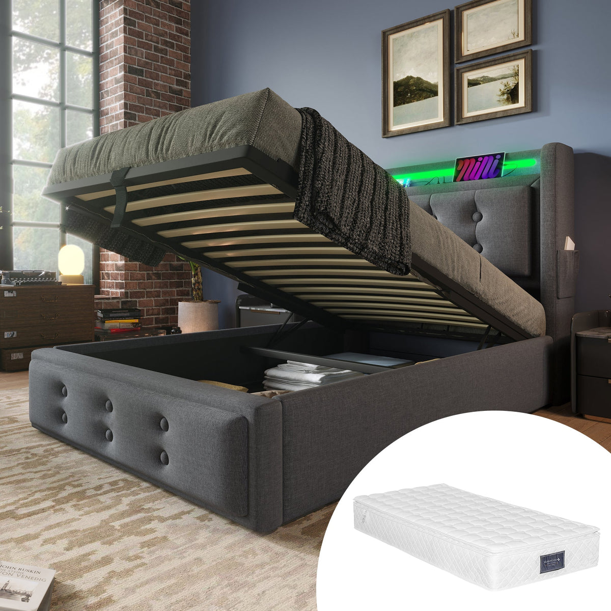 Upholstered Bed 90x200 Single Hydraulic LED/USB-C Grey Cotton