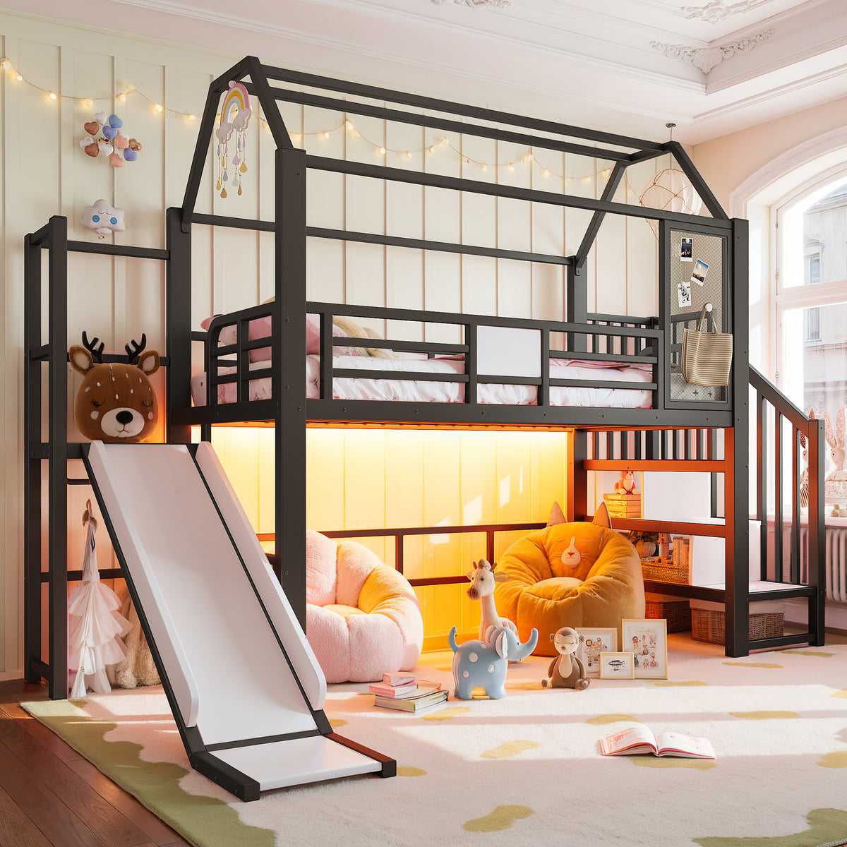 House Loft Bed for Kids with Slide, Storage & LED, Black Metal