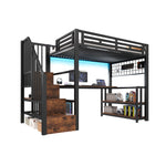 Loft Bed 90x200cm with Desk, LED & Storage, Black Metal