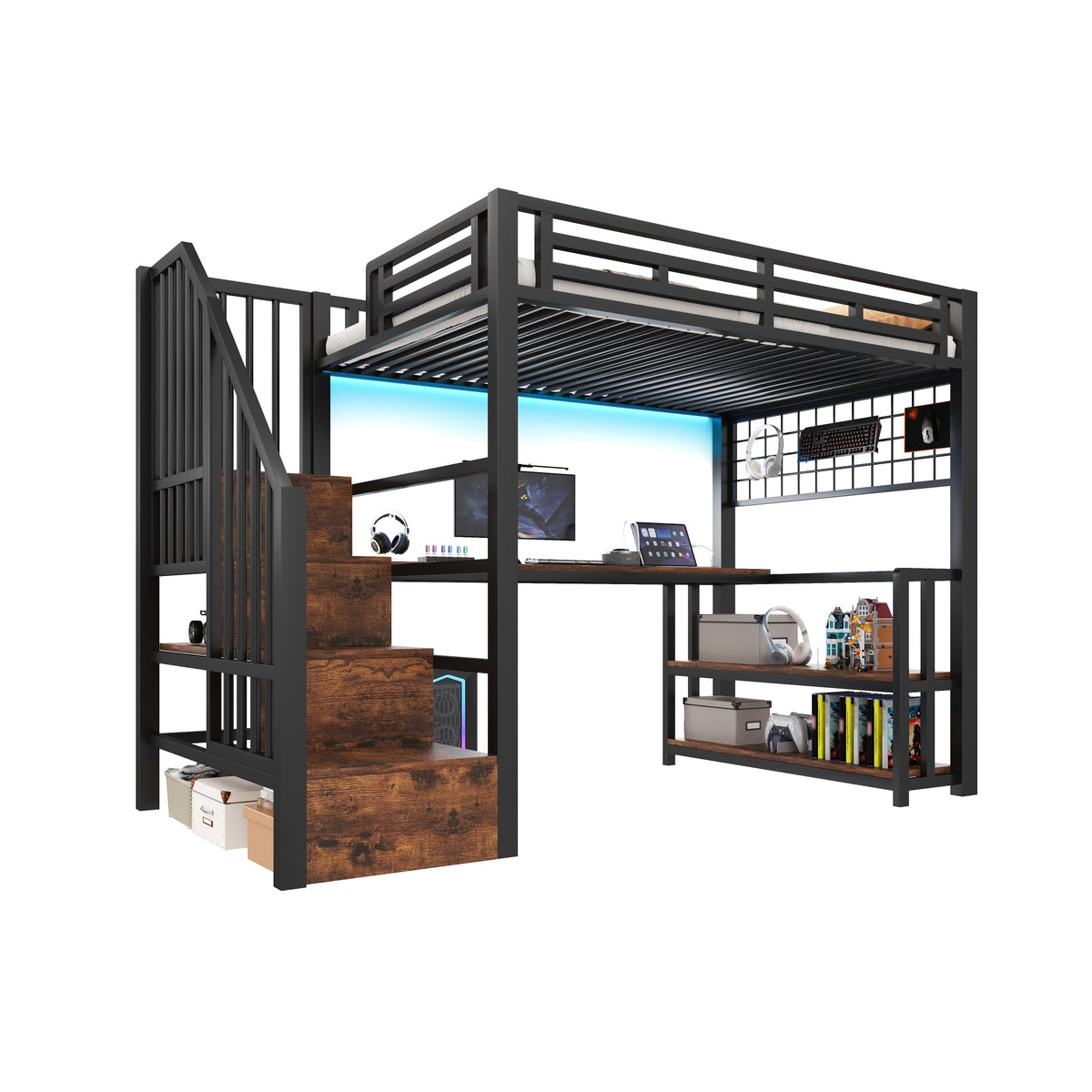 Loft Bed 90x200cm with Desk, LED & Storage, Black Metal