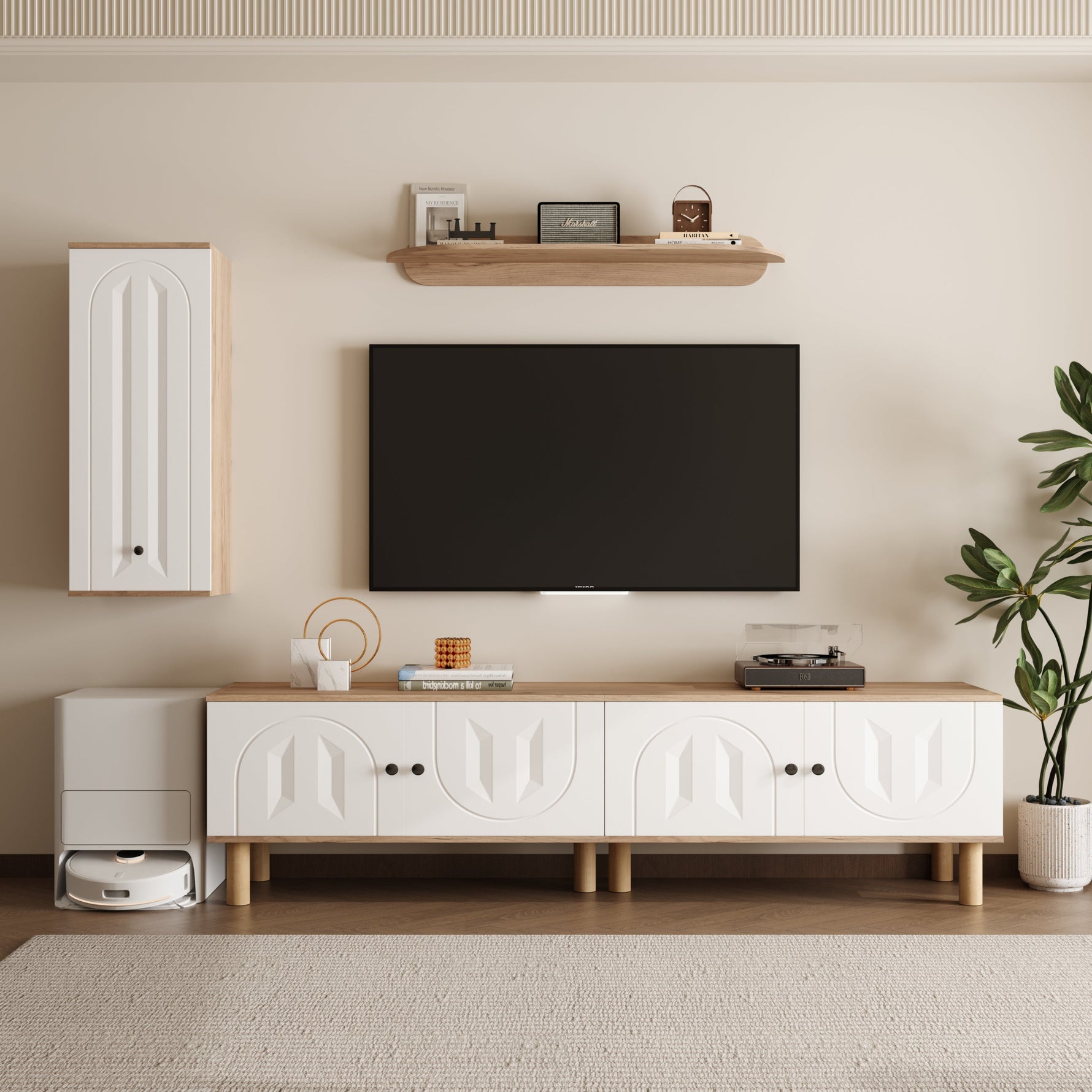 Wall Unit, Highboard Cabinets Shelf, White Wood