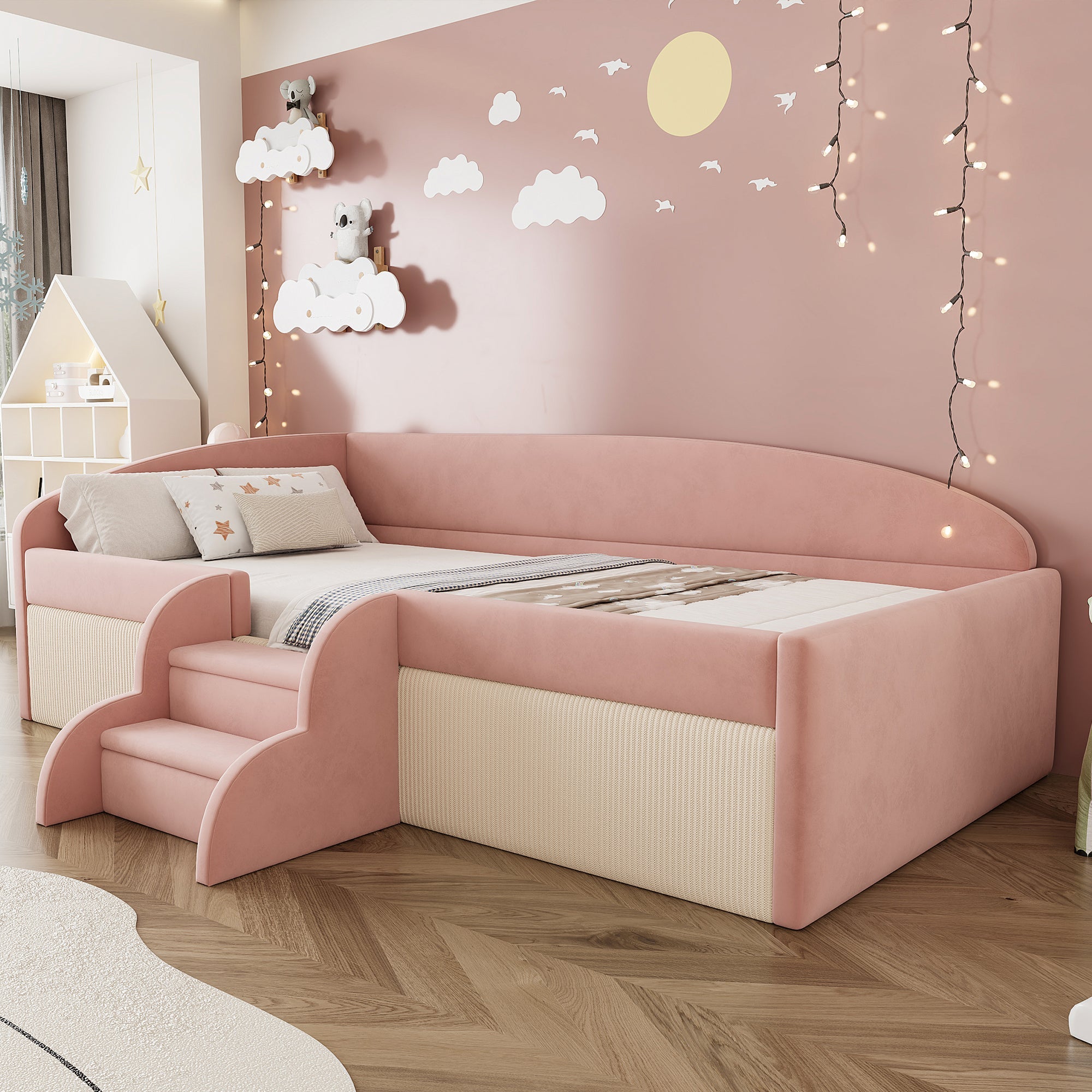 Upholstered Sofa Bed, 90x190cm Multifunctional with Steps and Railings, Velvet Fabric Pink + Cream White