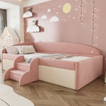 Upholstered Sofa Bed, 90x190cm Multifunctional with Steps and Railings, Velvet Fabric Pink + Cream White