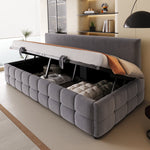 Upholstered Sofa Bed 90x200cm, Hydraulic Storage, Backrest, Check Pattern, Dark Grey Velvet