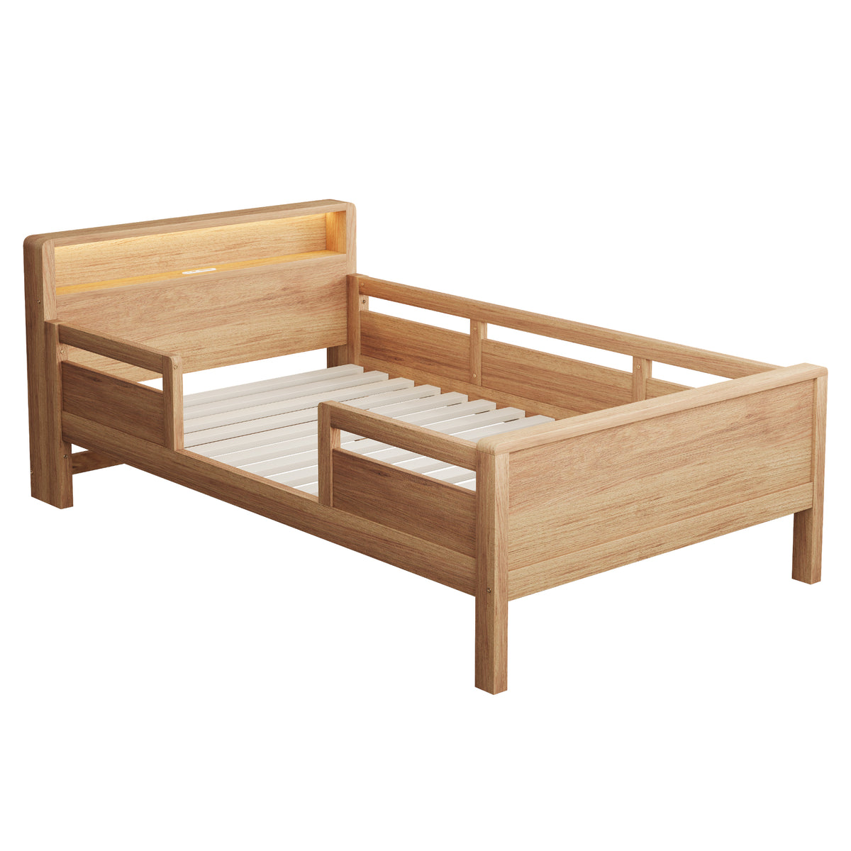 Wooden Single Bed 90x200cm with USB, LED & Storage, Wood Color