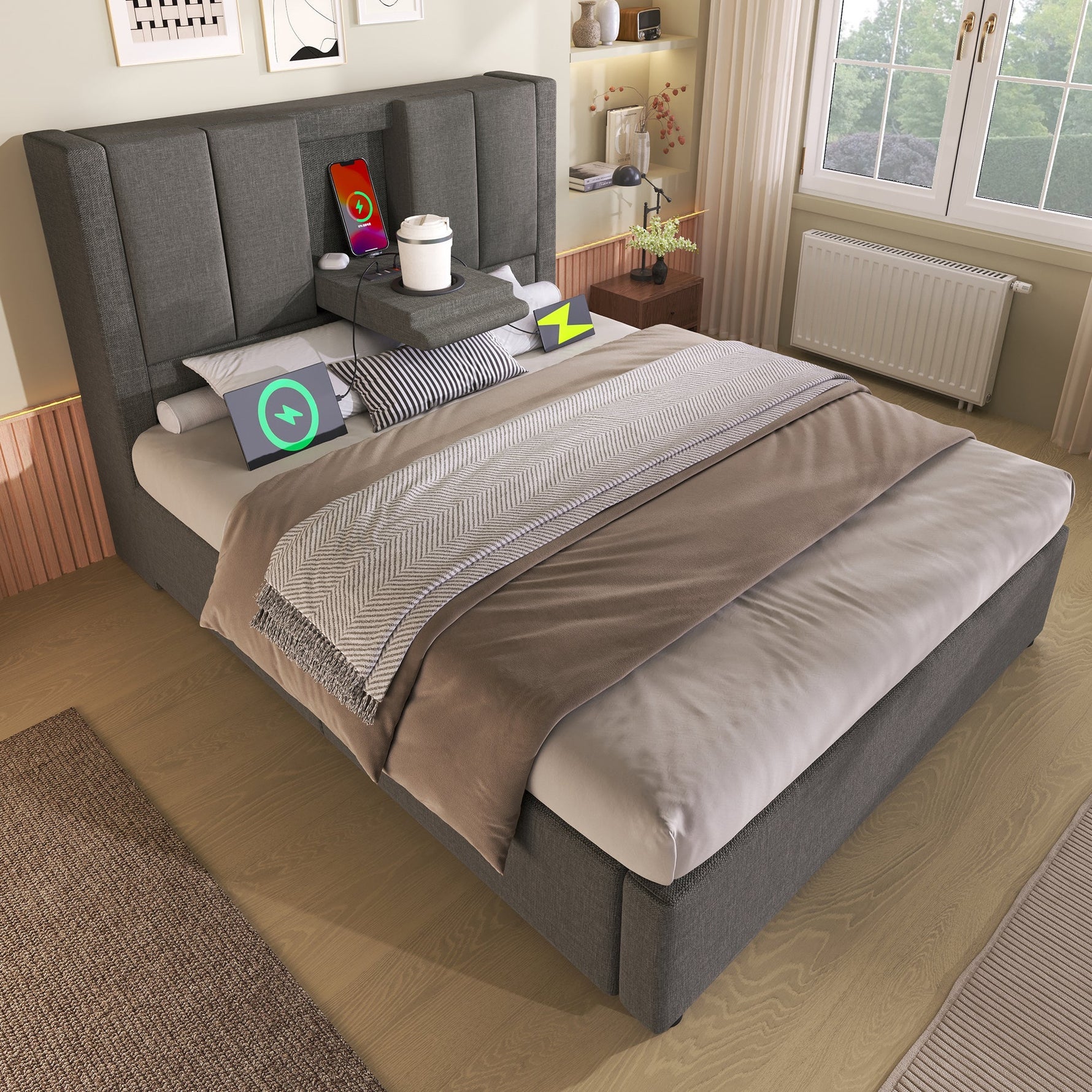 Upholstered Single Bed 90x200cm Hydraulic Storage Cup Holder Charging Station Linen Grey