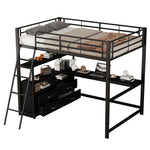 Loft Bed 140x200cm Iron Frame Drawers L-Shaped Desk - Black
