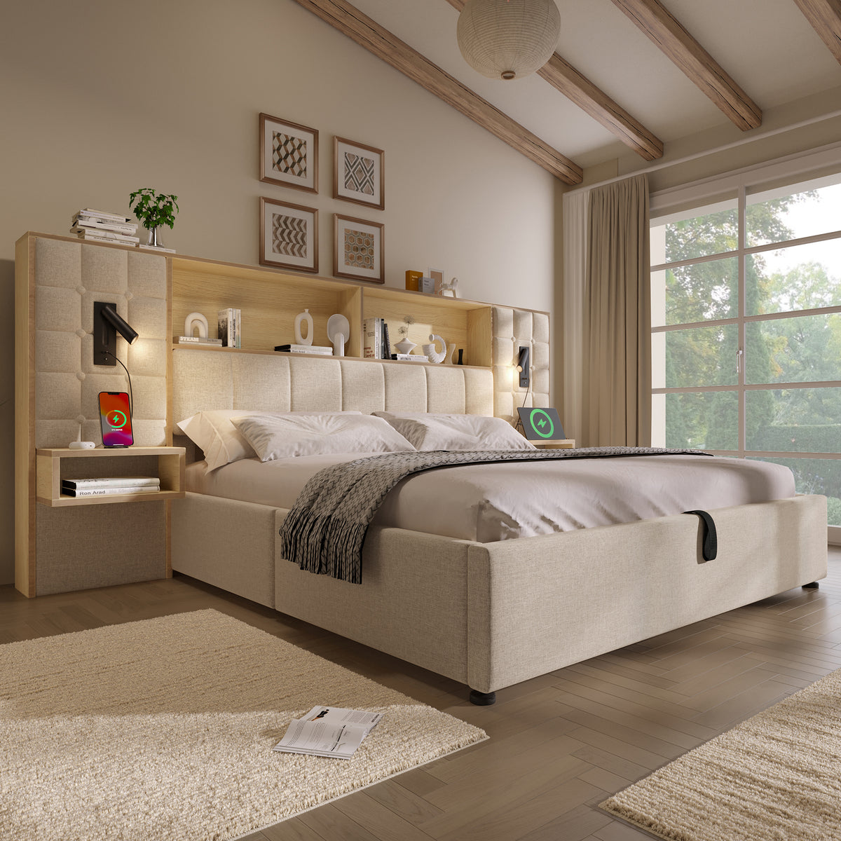 Upholstered Bed 180x200 with Storage, LED & USB, Beige Linen Fabric