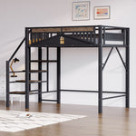 Metal Loft Bed, 140x200cm, Window Design, Safety Ladder, Storage, Black