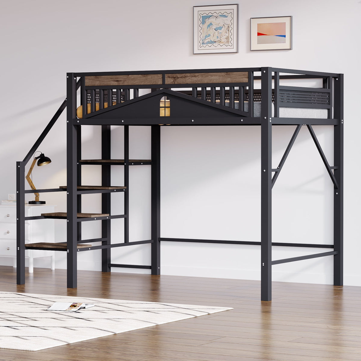 Metal Loft Bed, 140x200cm, Window Design, Safety Ladder, Storage, Black