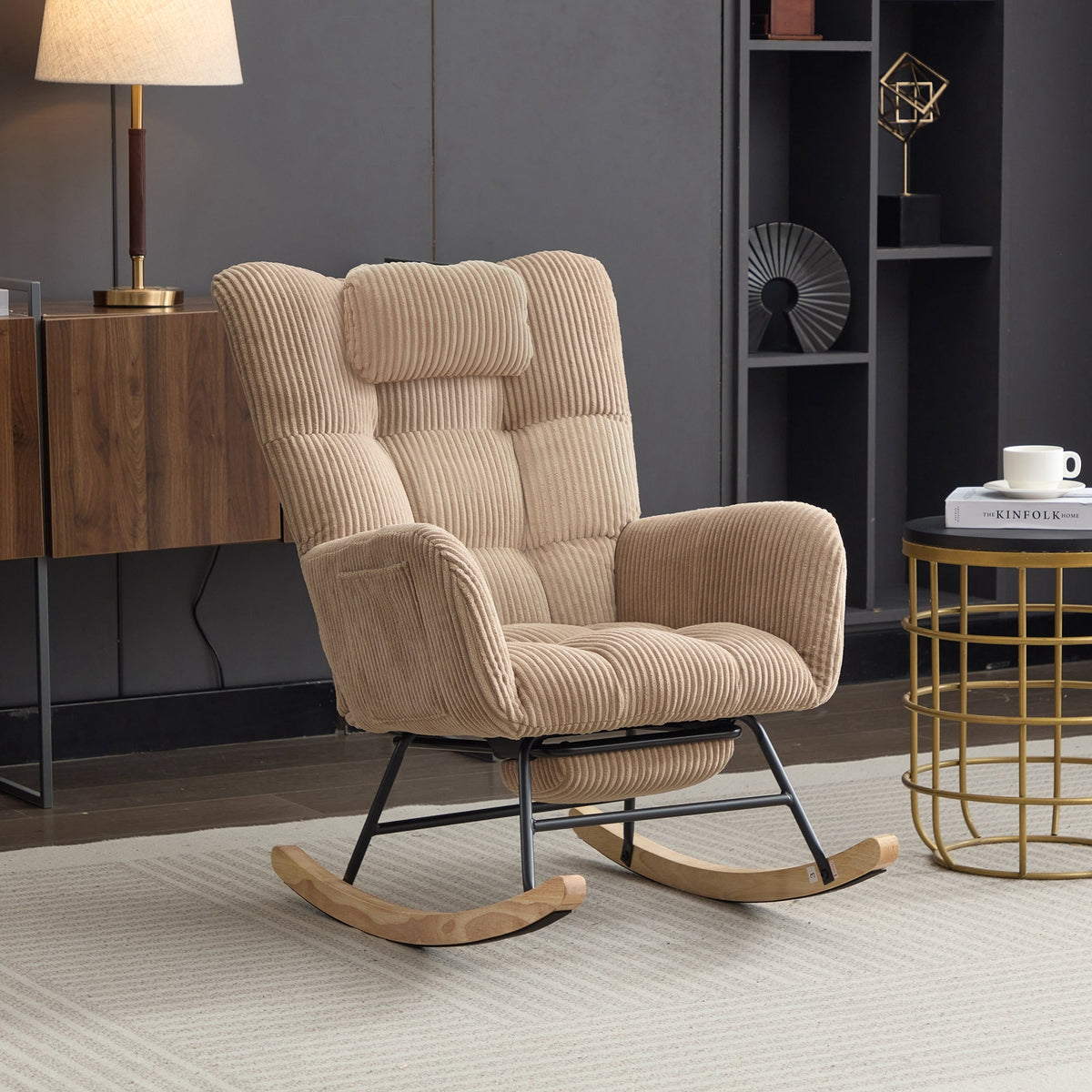 Rocking Chair, Modern Upholstered High Back with Neck Pillow, Brown Fabric
