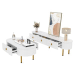 TV Cabinet Coffee Table Set, Luxury Living Room Combination with Drawers, Rounded Corners, White and Gold