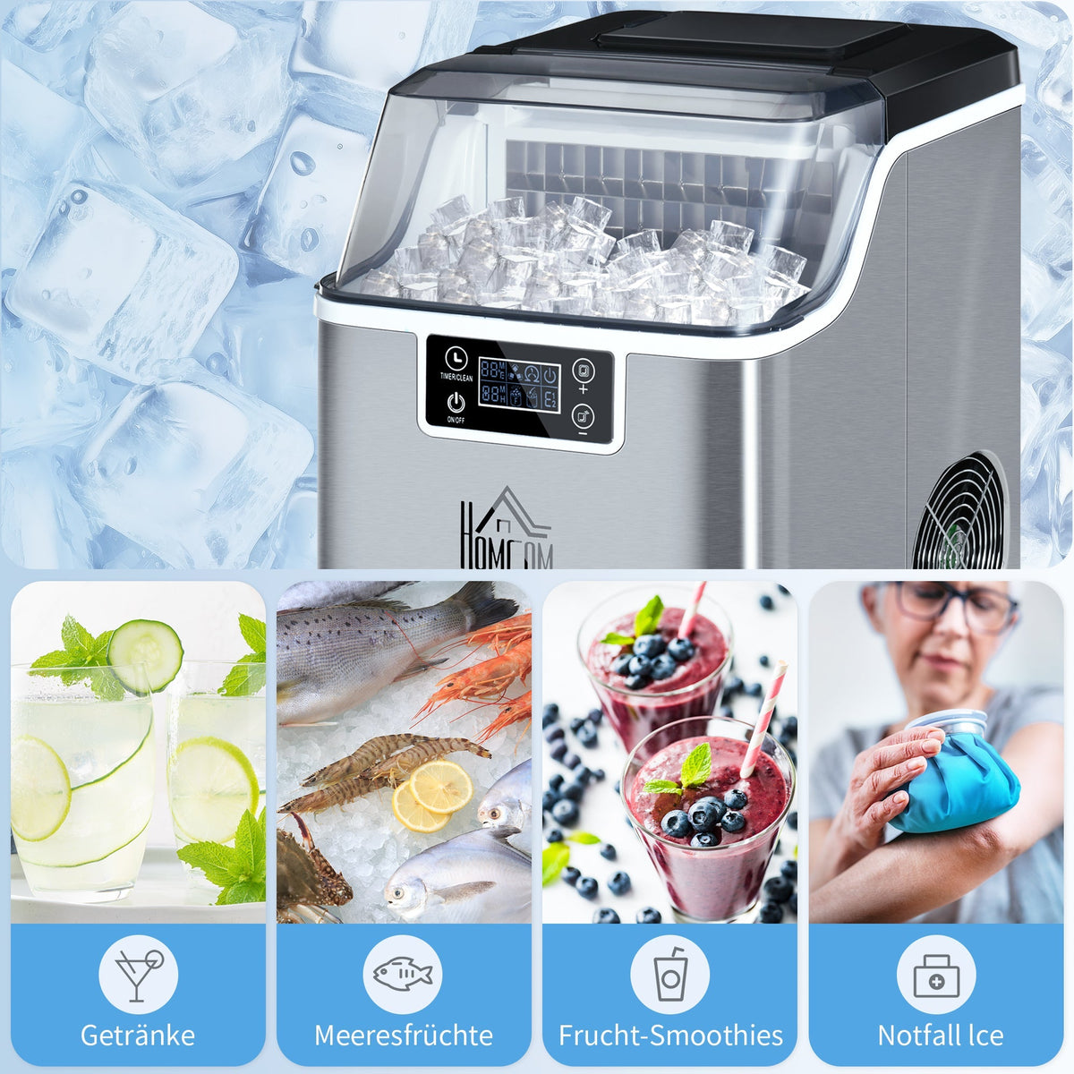 Ice Cube Maker, 20 kg/24h, 2.3L/3.2L, Automatic Cleaning, Stainless Steel, Silver
