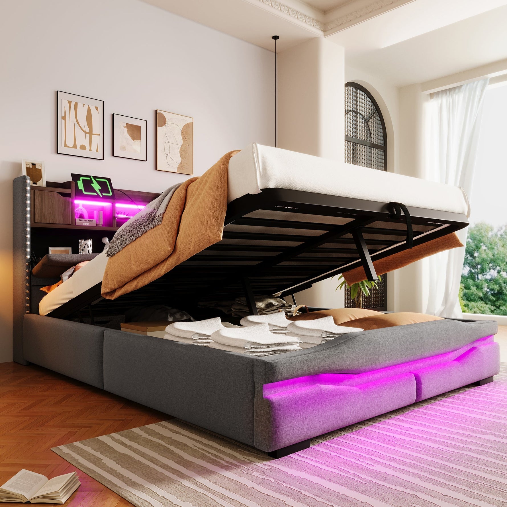 Upholstered Bed with USB-C Charging, LED Ambient Lighting and Hydraulic Storage, Grey