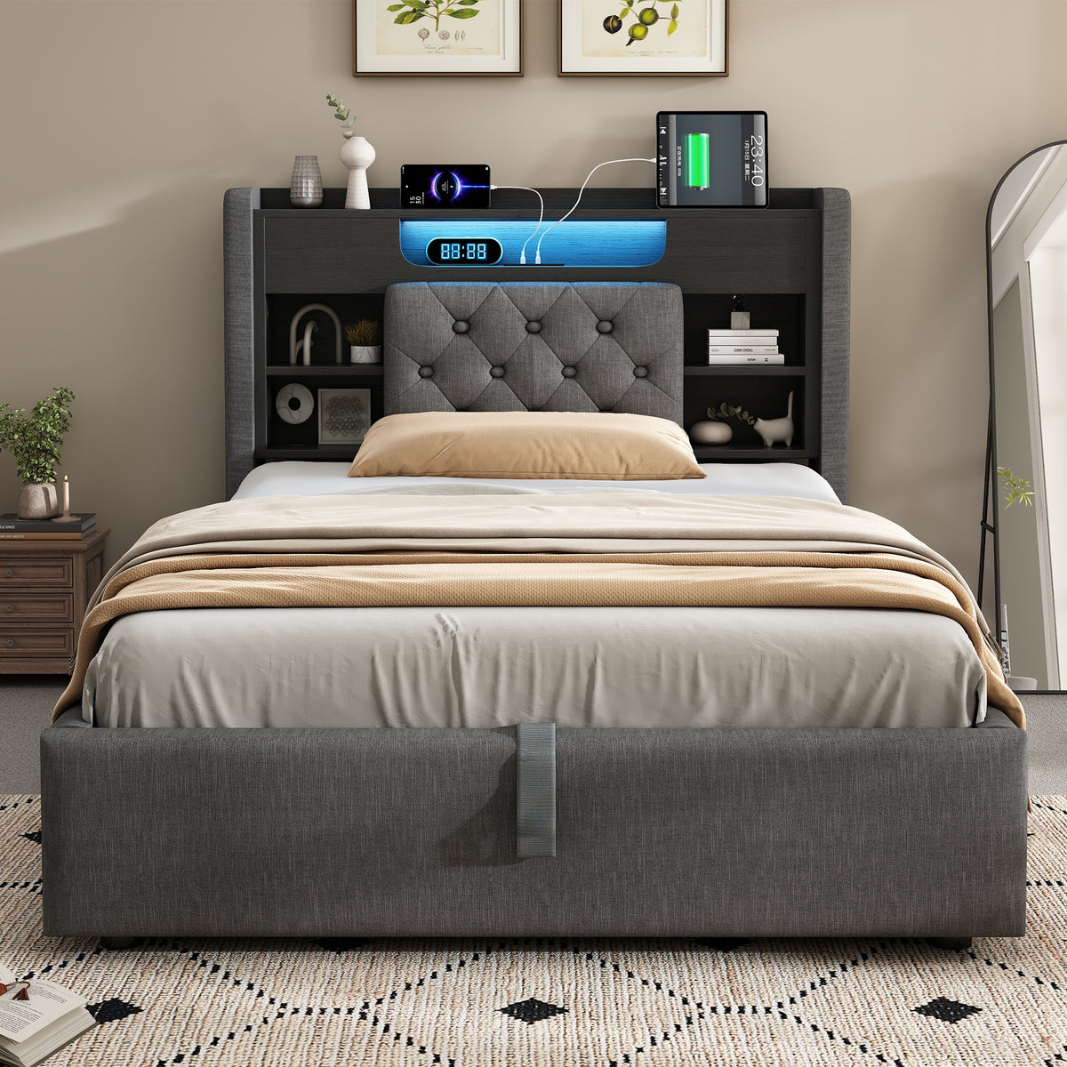 Upholstered Bed 90x200cm LED Hydraulic Storage Grey Linen