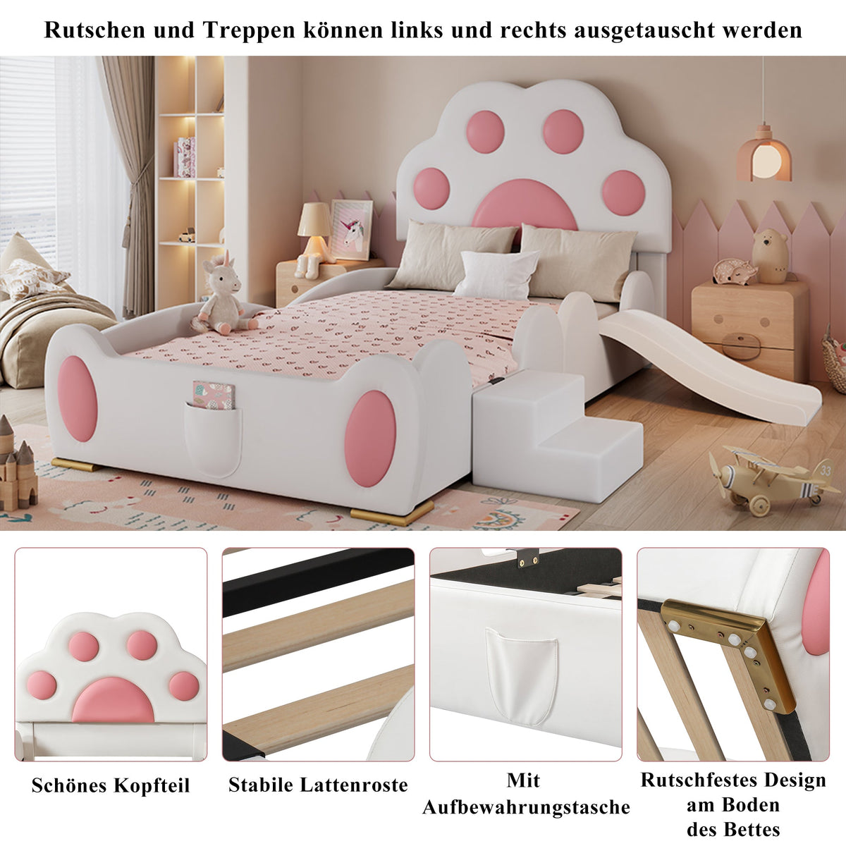 Upholstered Bed, Children's Cat Paw Headboard with Slide & Ladder, PU White + Pink