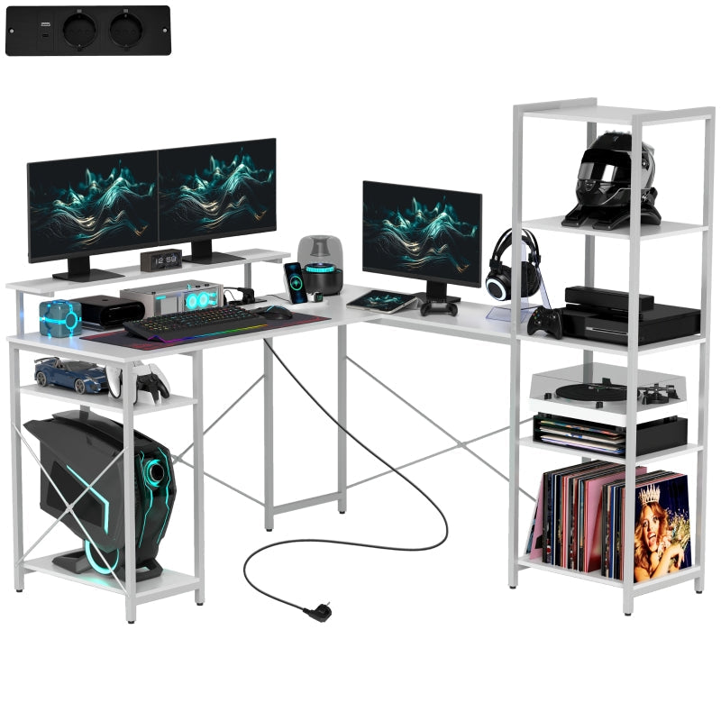 L-Shaped Gaming Desk with Shelf, Monitor Stand, Power Outlet, USB Port, White